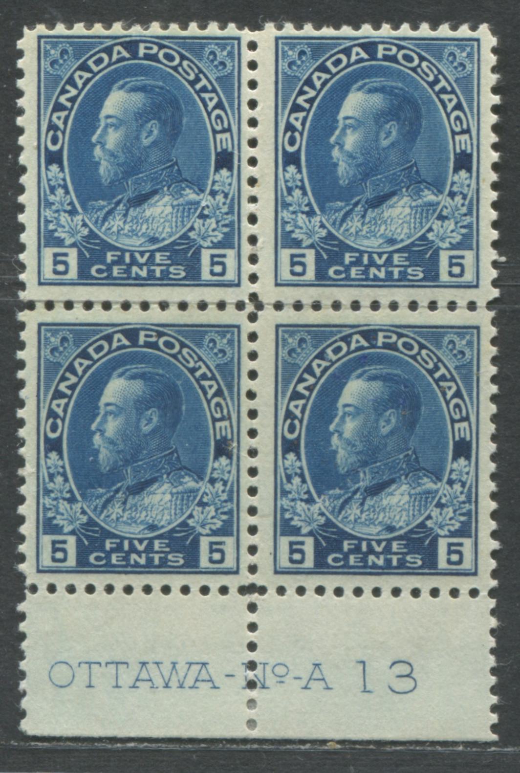 Lot 93 Canada #111 5c Dark Blue King George V, 1911-1928 Admiral Issue, A F/VFOG Plate 13 Block Of Four From The Bottom Of The Sheet, Normal Frame Line