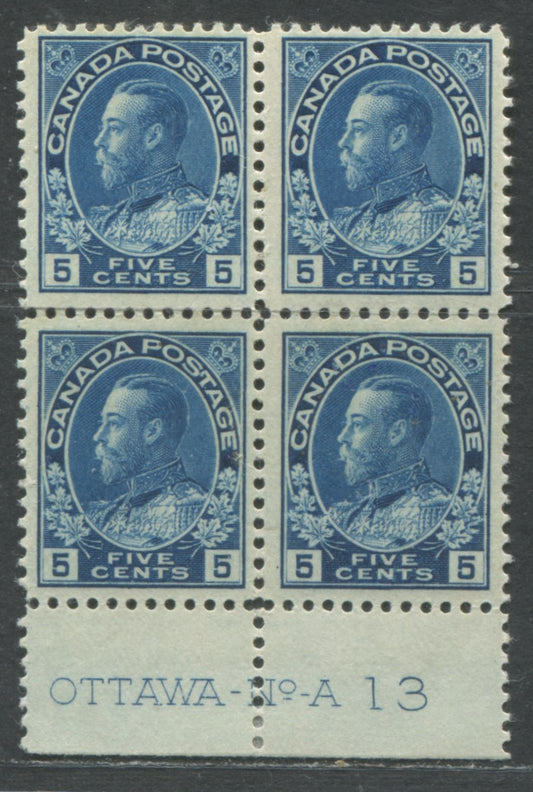 Lot 93 Canada #111 5c Dark Blue King George V, 1911-1928 Admiral Issue, A F/VFOG Plate 13 Block Of Four From The Bottom Of The Sheet, Normal Frame Line