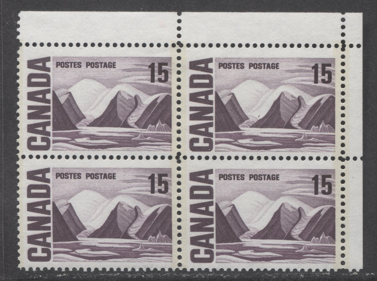 Canada #463piv 15c Dull Purple Greenland Mountains, 1967-1973 High Value Centennial Issue, A VFNH UR Block Of 4 On LF4-fl Paper With Dull PVA Gum, GT2 Tagged, Brownish Under UV
