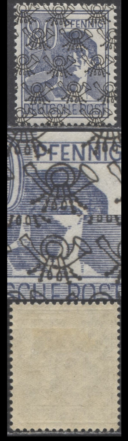 Lot 254 Germany - American and British Zone MI#50I AFPI (SC# 632) 80pf Dark Blue 1947-1948 Pictorial Issue Overprint, With Inverted Bow Line Printing Error On Overprint, A VFOG Single, Click on Listing to See ALL Pictures, 2023 Michel Cat. €15.3