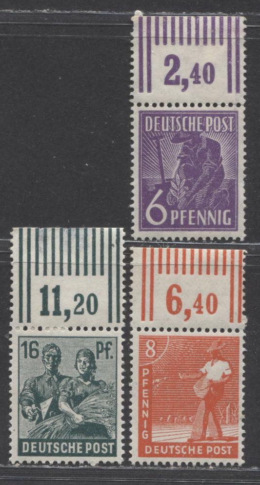 Lot 260 Germany - American and British Zone MI#944a PORndgz/949a PORndgz 1947-1948 Pictorial Issue, With Plate Numbers, 3 VFOG Plate Singles, Click on Listing to See ALL Pictures, 2023 Michel Cat. €84