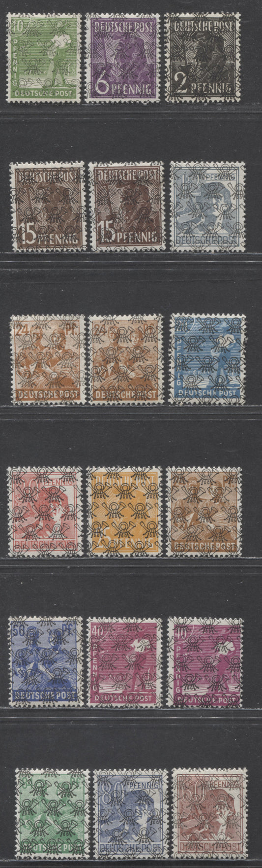 Lot 267 Germany - American and British Zone MI#36IIa (617)/51IIa (633) 1947-1948 Pictorial Issue With Network Posthorn Overprint, 18 F/VFOG Singles Including Additional Shades, Ridged Gum, Click on Listing to See ALL Pictures, 2023 Michel Cat. €14.40