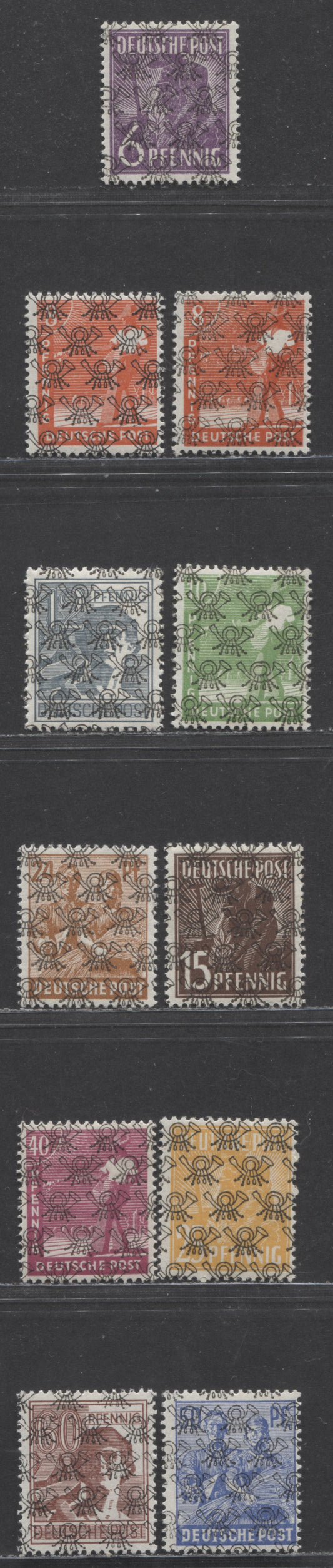Lot 268 Germany - American and British Zone MI#36IIa (617)/A49II (631) 1947-1948 Pictorial Issue With Network Posthorn Overprint, 11 F/VFOG and NH Singles Including Additional Shades, Smooth Gum, 2023 Michel Cat. €16.40