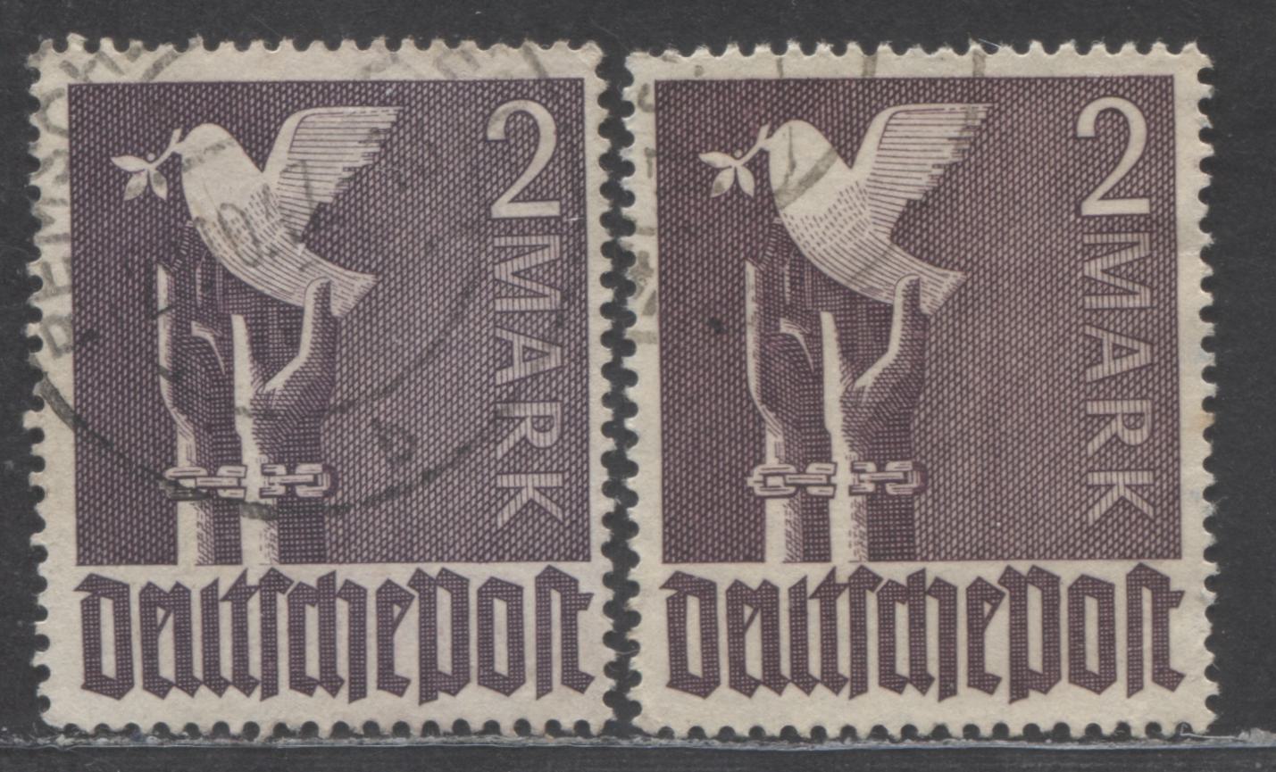 Germany MI#960b (575) 2m Blackish Violet Brown 1947-1948 Pictorial Issue, With Regular Shade For Comparison (Used), 2 Very Fine Used Singles, Click on Listing to See ALL Pictures, 2023 Michel Cat. €25