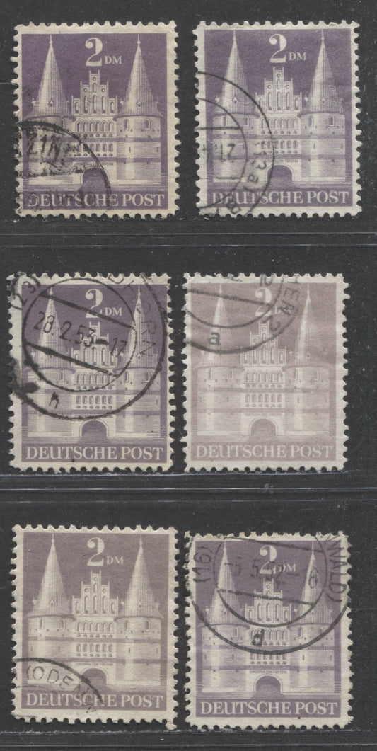 Lot 289 Germany - American and British Zone MI#98IYB (SC# 659) 2dm Violet 1948-1951 Buildings Issue, Perf 11, Types 1 & 2, 5 Shades, Wmk Y, 6 Very Fine Used Singles, Click on Listing to See ALL Pictures, 2022 Scott Classic Cat. $5 USD