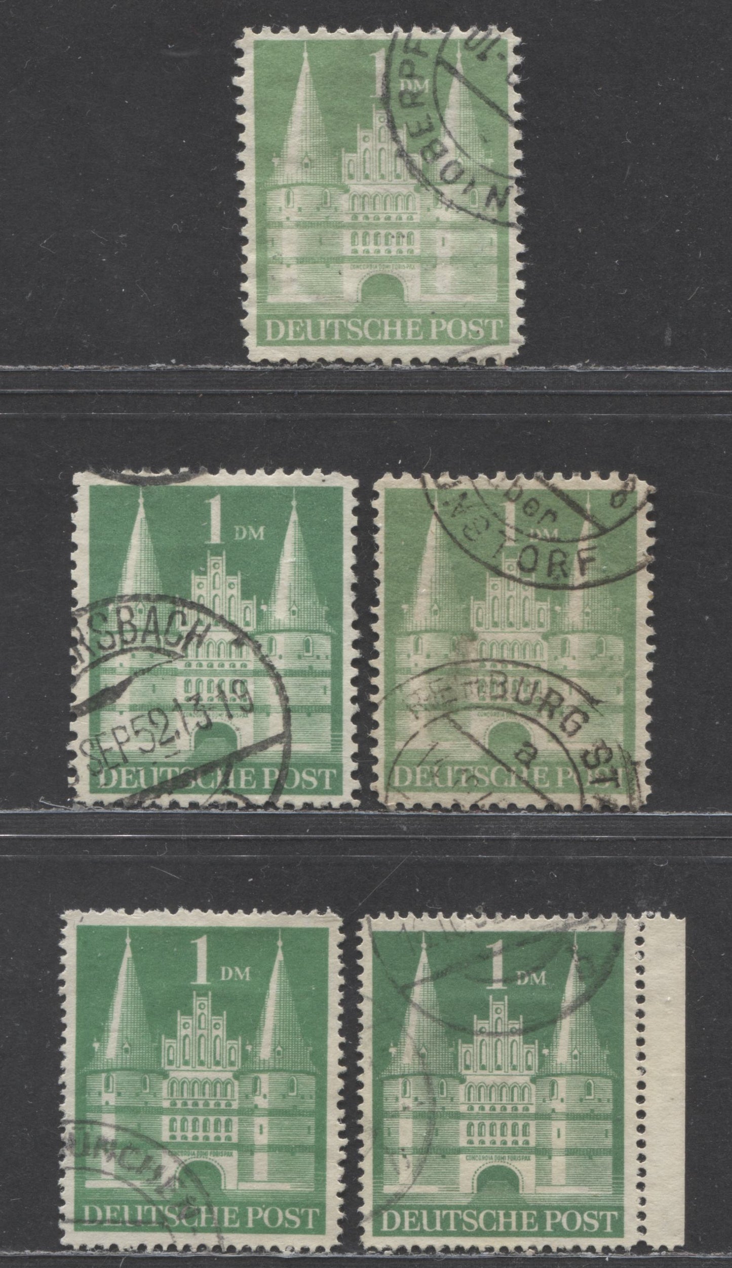 Germany - American and British Zone MI#97aIYBD, 97bIIYB, 97baIYG, 97bbIIYG (SC# 658) 1dm Yellow Green 1948-1951 Buildings Issue, Perf 11, 11x11.5 & 14, Types 1 & 2, Wmk Y, 5 Very Fine Used Singles, 2022 Scott Classic Cat. $36 USD