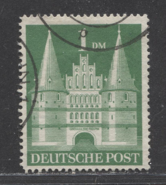 Lot 292 Germany - American and British Zone MI#97bbIIYT (SC# 658) 1dm Dark Emerald Green 1948-1951 Buildings Issue, Line Perf 14 x 14 Comb x 14 Line x 14 Line, Type 2, February 1952 Printing, Wmk Y, A Very Fine Used Single, 2022 Scott Classic Cat. $80 USD