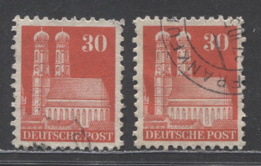 Lot 299 Germany - American and British Zone MI#88XB,XF (SC# 650) 30pf Scarlet 1948-1951 Buildings Issue, Line Perf 11 & Comb Perf 11.25 x 11, Wmk X, 2 Very Fine Used Singles, Click on Listing to See ALL Pictures, Estimated Value $15 USD