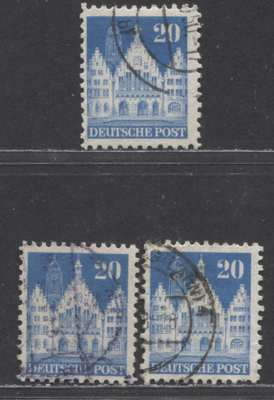 Lot 300 Germany - American and British Zone MI#84WB,WF,XF (SC# 645) 20pf Blue 1948-1951 Buildings Issue, Line Perf 11 & Comb Perf 11.25 x 11, Wmks W & X, 3 Very Fine Used Singles, Click on Listing to See ALL Pictures, Estimated Value $14 USD