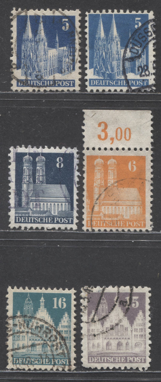 Lot 307 Germany - American and British Zone MI#75IWB (636)/83XB ( 644) 1948-1951 Buildings Issue, Types 1 & 5, Line Perf 11 & Comb Perf 11.25 x 11, Wmks W & X, 7 Very Fine Used Singles, 2023 Michel Cat. € 8.5