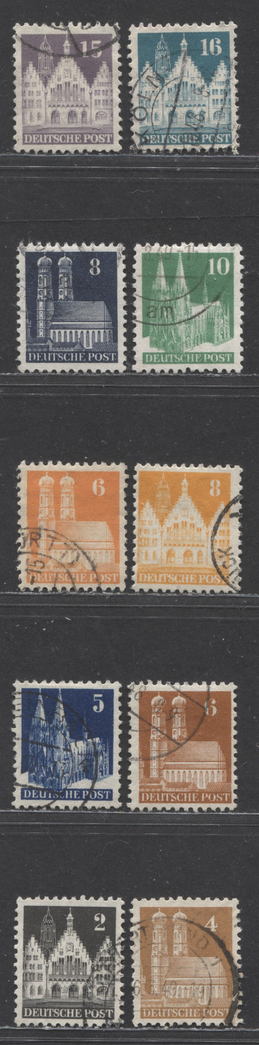 Lot 308 Germany - American and British Zone MI#73WB (634)/83WF (644) 1948-1951 Buildings Issue, Comb Perf 11.25 x 11, Wmk W, 10 Very Fine Used Singles, 2023 Michel Cat. € 7.5