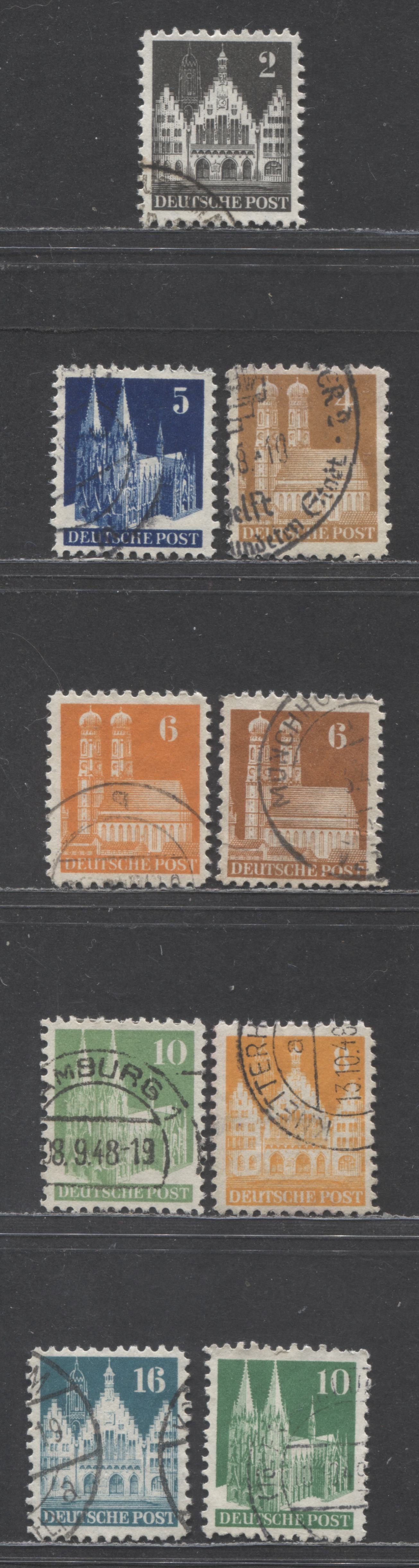 Germany - American and British Zone MI#73WB (634)/83WB (644) 1948-1951 Buildings Issue, Line Perf. 11, Wmk W, 10pf Are Types I and V, 9 Very Fine Used Singles, 2023 Michel Cat. € 8.4