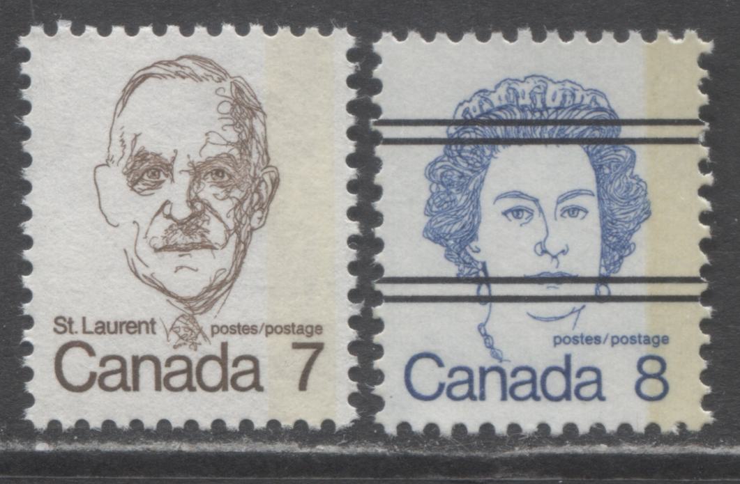 Canada #592iii T3, 593xx T2 7c, 8c Dark Brown, Royal Blue St. Laurent, Queen Elizabeth II, 1973 - 1976 Caricature Definitives, 2 VFNH Singles With G2aR & G2C Tagging Errors