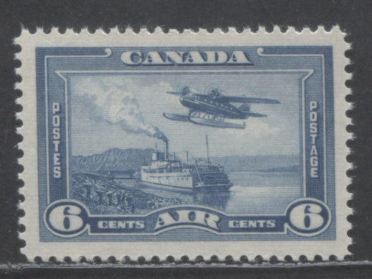 Lot 48 Canada #C6 6c Blue Monoplane, 1938 Air Mail Stamps Issue, A VFNH Single on Horizontal Ribbed Paper With Streaky Yellowish Cream Gum