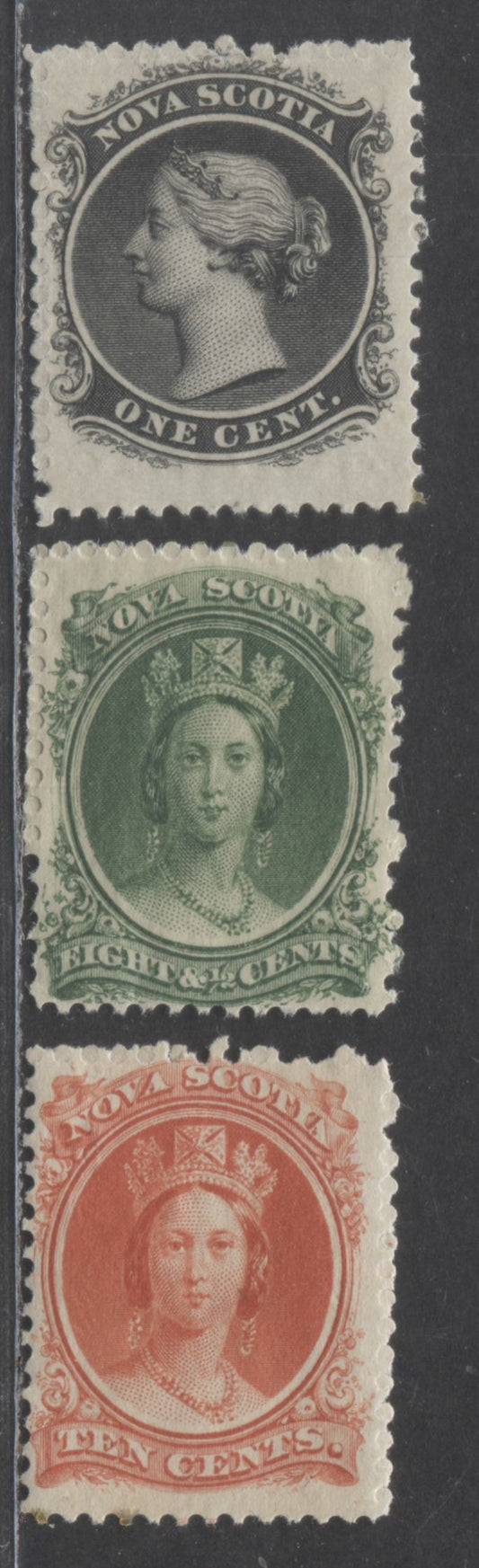 Lot 5 Nova Scotia #8, 11, 12 1c, 8 1/2c, 10c Black, Green, Vermilion , 1860 - 1863 Queen Victoria Issue, 3 F NH & OG Singles