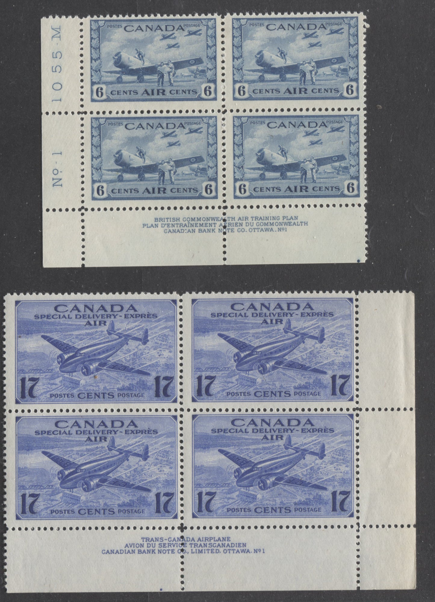 Lot 51 Canada #C7, CE2 6c, 17c Deep Blue, Bright Ultramarine British Commonwealth Air Training, Trans-Canada Airplane, 1942-1943 Air Mail - War Issue & Special Delivery Stamps, 2 FNH and FOG LL and LR Plate 1 Blocks Of 4