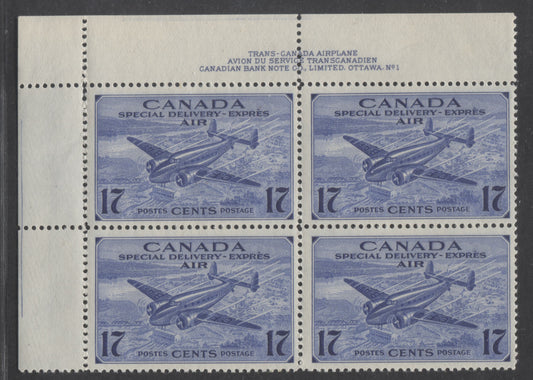 Lot 52 Canada #CE2 17c Bright Ultramarine Trans-Canada Airplane, 1942 - 1943 Air Mail Special Delivery Issue, A FOG UL Plate 1 Block Of 4 Showing Blue Line At Left And Top Of Selvedge