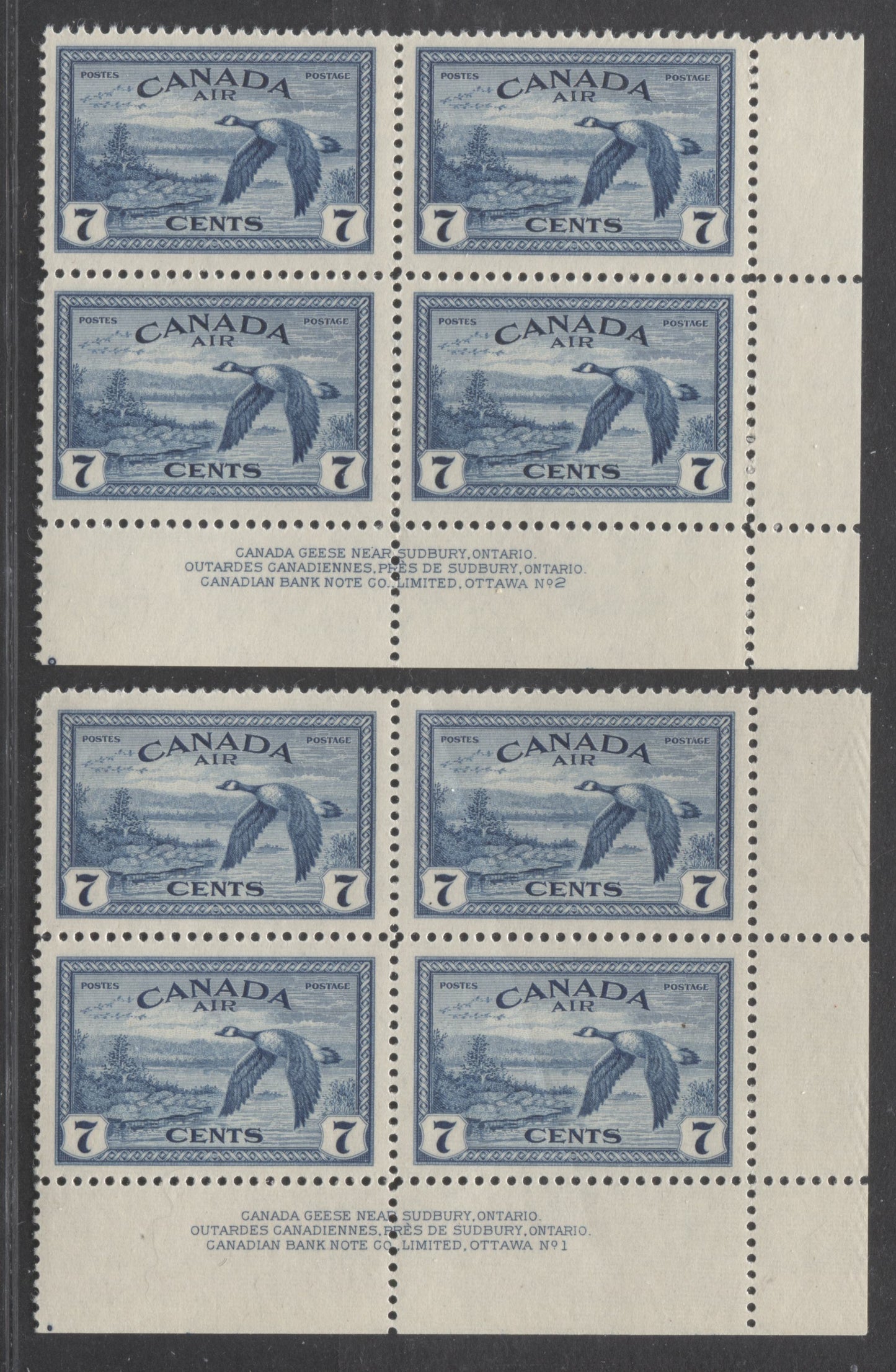 Lot 53 Canada #C9 7c Deep Blue Canada Geese, 1946 Air Mail Stamps - War Issue, 2 FNH and VFNH LR Plate 1 & 2 Blocks Of 4