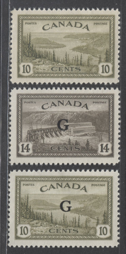 Lot 57 Canada #269, O21, O22 10c,10c, 14c Olive, Olive, Black Brown Great Bear Lake, Great Bear Lake, Hydroelectric Station, 1946, 1950-1951 King George VI Peace, Peace/Natural Resources Overprinted Issues, 3 VFNH Singles