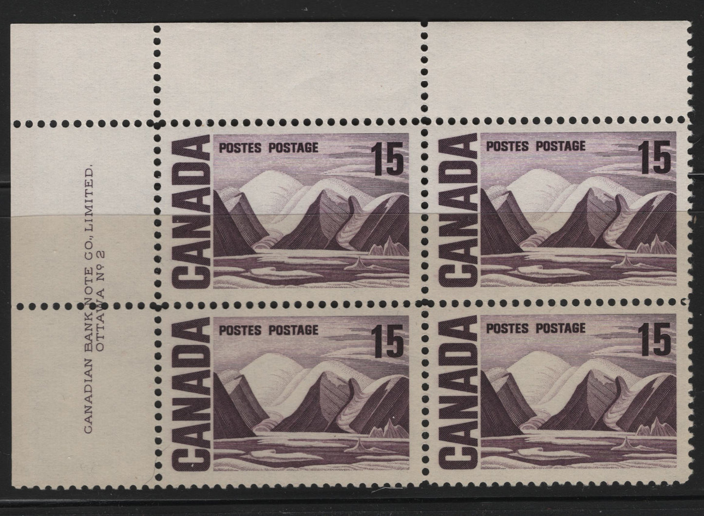 Lot 59 Canada #463 15c Deep Dull Purple Greenland Mountains, 1967-1973 High Value Centennial Issue, A VFNH UL Plate 2 Block Of 4 On DF Off-White Paper With Smooth Dex Gum, Cream Under UV