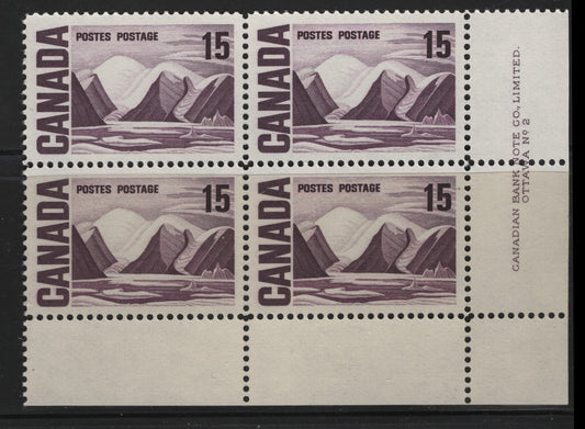 Lot 60 Canada #463 15c Deep Dull Purple Greenland Mountains, 1967-1973 High Value Centennial Issue, A VFNH LR Plate 2 Block Of 4 On DF2 Off-White Paper With Smooth Dex Gum, Ivory Under UV