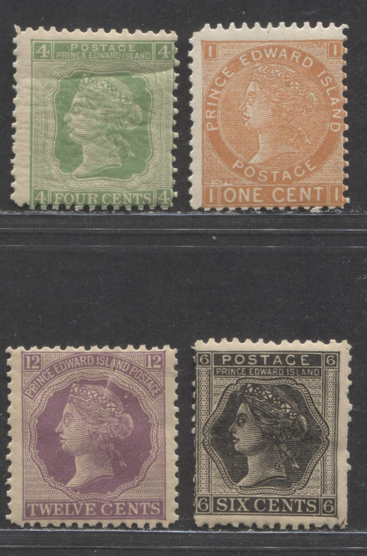Lot 6 Prince Edward Island #11, 14, 15, 16 1c/12c Brown Orange / Violet , 1872 Queen Victoria Cents Issue, 4 Fair - VGNH Singles