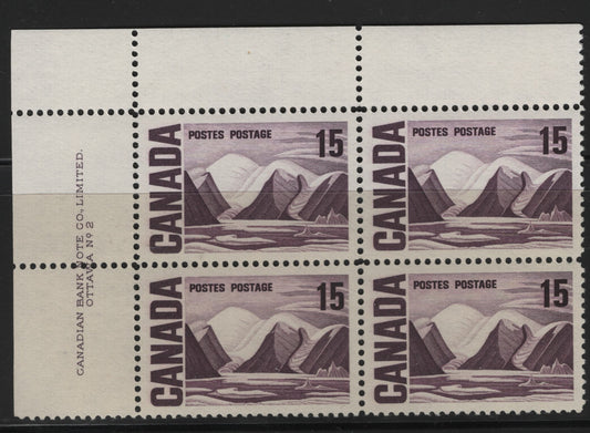 Lot 61 Canada #463 15c Dull Purple Greenland Mountains, 1967-1973 High Value Centennial Issue, A VFNH UL Plate 2 Block Of 4 On DF2 Off-White Paper With Smooth Dex Gum, Cream Under UV