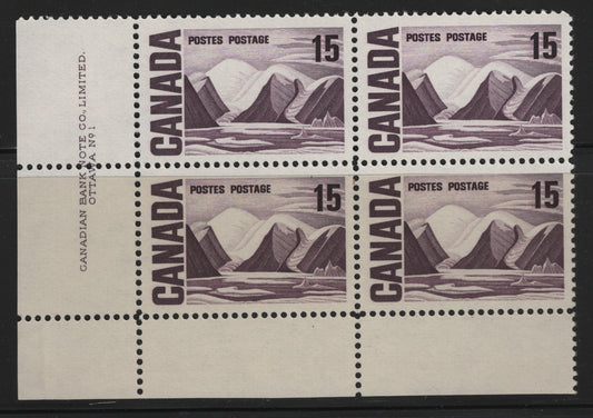 Lot 68 Canada #463 15c Deep Dull Purple Greenland Mountains, 1967-1973 High Value Centennial Issue, A VFNH LL Plate 1 Block Of 4 On DF Paper With Smooth Dex Gum, Bluish Ivory Under UV