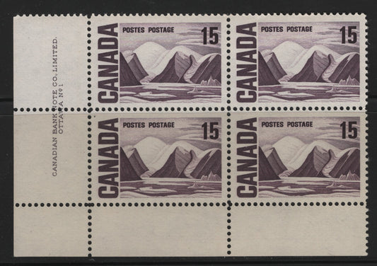 Lot 69 Canada #463 15c Deep Dull Purple Greenland Mountains, 1967-1973 High Value Centennial Issue, A VFNH LL Plate 1 Block Of 4 On DF Paper With Smooth Dex Gum, Light Brown Under UV