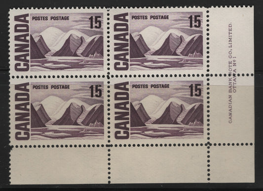 Lot 73 Canada #463 15c Deep Dull Purple Greenland Mountains, 1967-1973 High Value Centennial Issue, A VFNH LR Plate 1 Block Of 4 On DF2 Paper With Smooth Dex Gum, Light Bluish Ivory Under UV