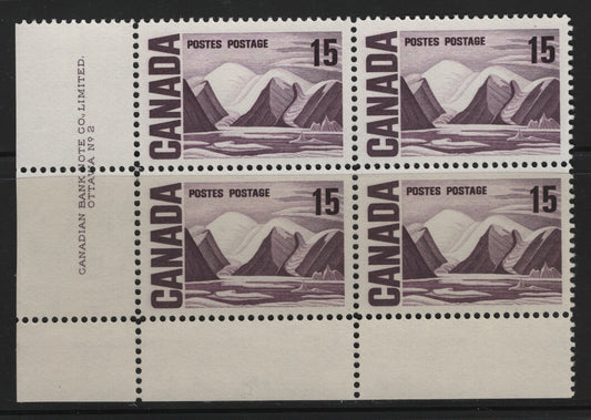 Lot 81 Canada #463 15c Deep Dull Purple Greenland Mountains, 1967-1973 High Value Centennial Issue, A VFNH LL Plate 2 Block Of 4 On DF-fl Off White Paper With Smooth Dex Gum, Brownish Cream Under UV