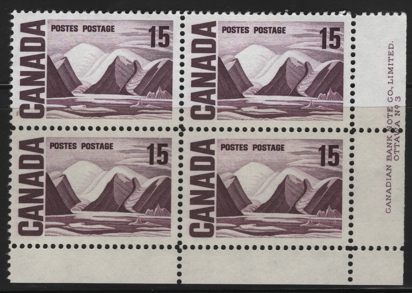 Canada #463iii 15c Deep Dull Purple Greenland Mountains, 1967-1973 High Value Centennial Issue, A VFNH LR Plate 3 Block Of 4 On MF7-fl Paper With Dull PVA Gum, Light Violet Under UV