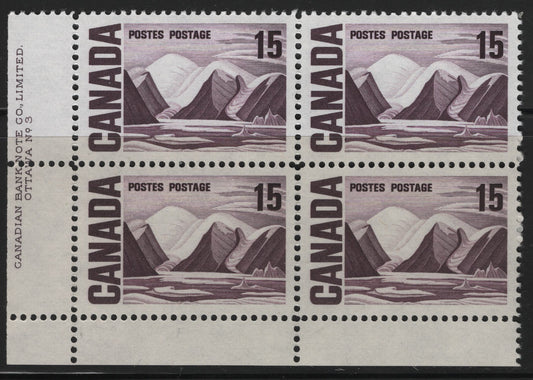 Lot 91 Canada #463iii 15c Deep Dull Purple Greenland Mountains, 1967-1973 High Value Centennial Issue, A VFNH LL Plate 3 Block Of 4 On MF7-fl Paper With Dull PVA Gum, Bluish Under UV
