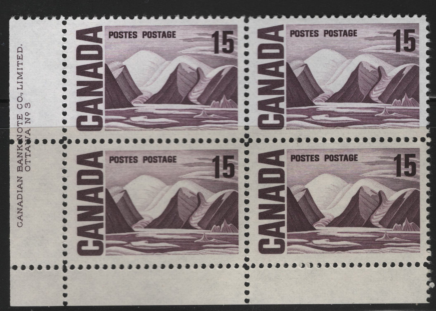 Canada #463iii 15c Dull Purple Greenland Mountains, 1967-1973 High Value Centennial Issue, A VFNH LL Plate 3 Block Of 4 On MF7-fl Paper With Dull PVA Gum, Violet Under UV