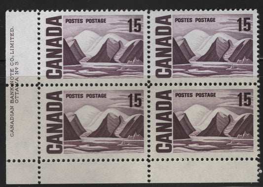 Canada #463iii 15c Dull Purple Greenland Mountains, 1967-1973 High Value Centennial Issue, A VFNH LL Plate 3 Block Of 4 On MF7-fl Paper With Dull PVA Gum, Violet Under UV