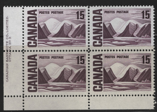 Lot 94 Canada #463iii 15c Dull Purple Greenland Mountains, 1967-1973 High Value Centennial Issue, A VFNH LL Plate 3 Block Of 4 On MF7-fl Paper With Dull PVA Gum, Violet Under UV
