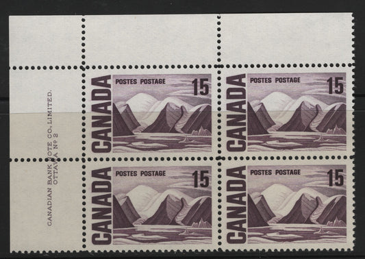 Lot 96 Canada #463 15c Deep Dull Purple Greenland Mountains, 1967-1973 High Value Centennial Issue, A VFNH UL Plate 2 Block Of 4 On DF2-fl Off White Paper With Smooth Dex Gum, Bluish Under UV