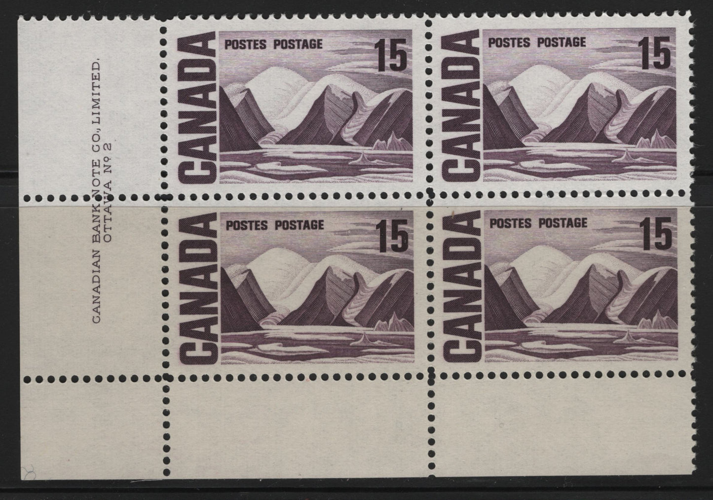 Lot 98 Canada #463 15c Deep Dull Purple Greenland Mountains, 1967-1973 High Value Centennial Issue, A VFNH LL Plate 2 Block Of 4 On DF2-fl Off White Paper With Smooth Dex Gum, Bluish Under UV