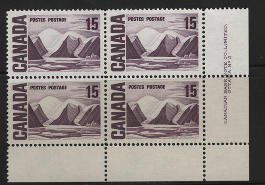 Lot 99 Canada #463 15c Deep Dull Purple Greenland Mountains, 1967-1973 High Value Centennial Issue, A VFNH LR Plate 2 Block Of 4 On DF2-fl Off White Paper With Streaky Dex Gum, Bluish Under UV