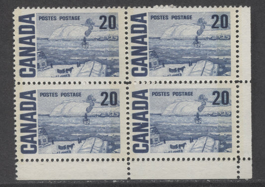 Canada #464p 20c Deep Blue The Ferry, Quebec, 1967-1973 Centennial High Values, A VFNH LR Blank Corner Block Of 4 On DF-fl Paper With Streaky Dex Gum, Ivory Under UV & W2B Tagging