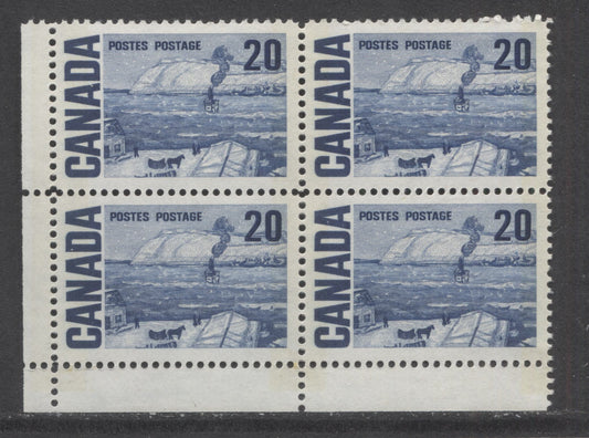 Canada #464pi 20c Deep Blue The Ferry, Quebec, 1967-1973 Centennial High Values, A VFNH LL Blank Corner Block Of 4 On LF3-fl Paper With PVA Gum, Lighter Bluish Ivory Under UV, W2B Tagged