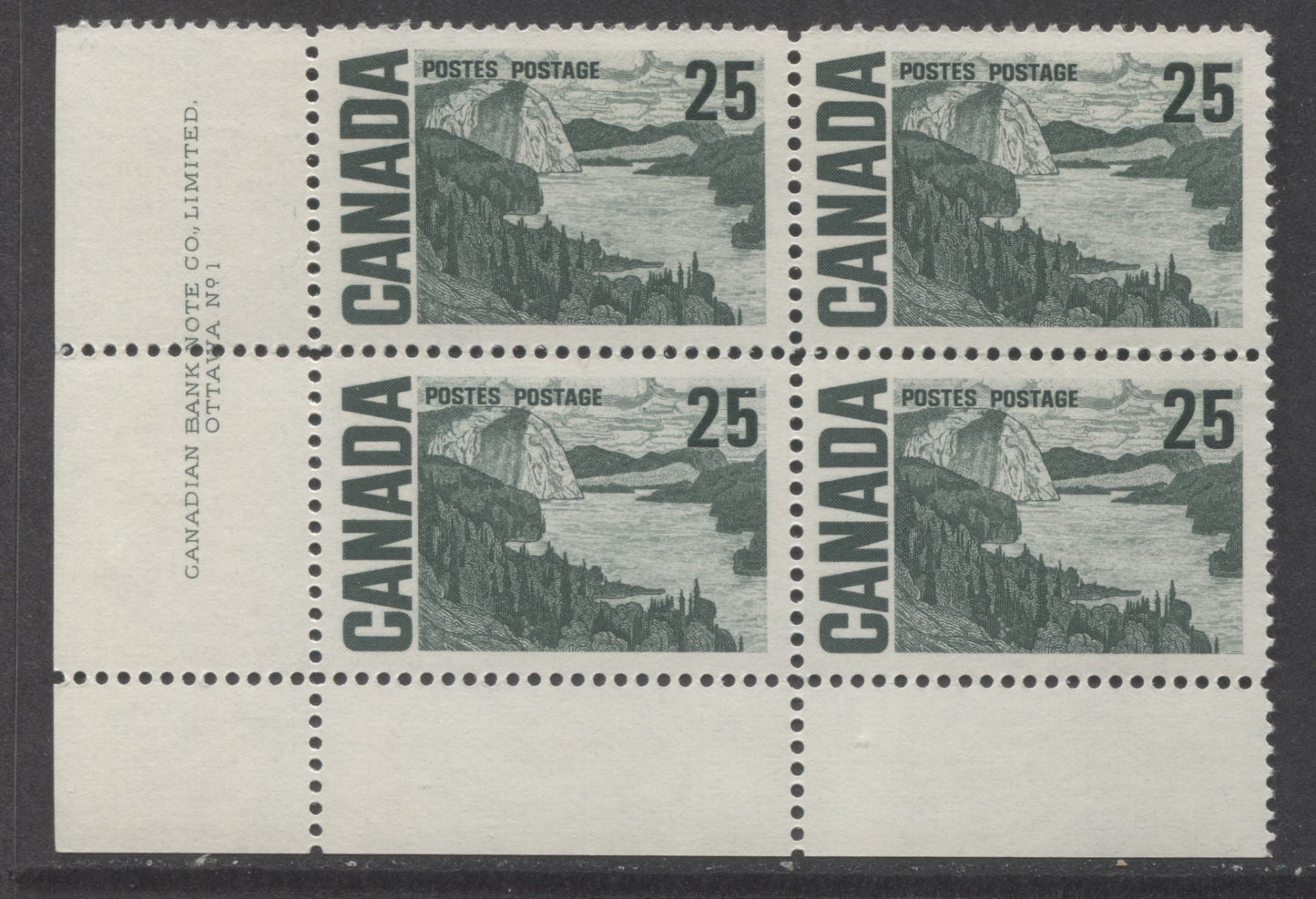 Canada #465 25c Deep Gray Green Solemn Land, 1967-1973 Centennial High Values, A VFNH LL Plate 1 Block Of 4 On DF-fl Paper With Streaky Dex Gum, Greenish Under UV