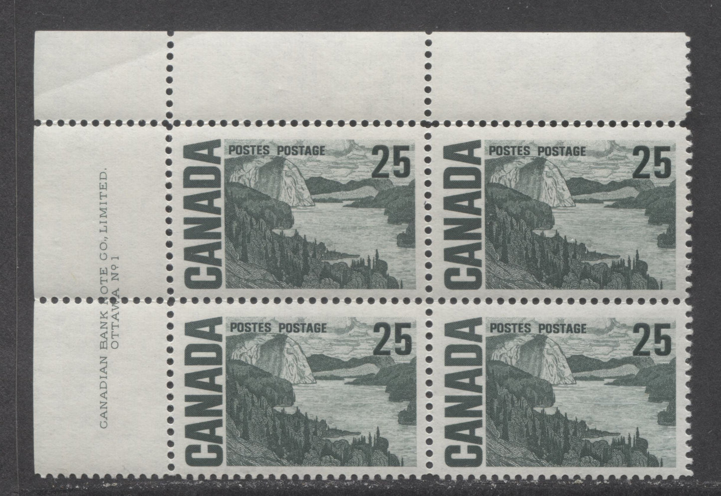 Canada #465 25c Gray Green Solemn Land, 1967-1973 Centennial High Values, A VFNH UL Plate 1 Block Of 4 On DF-fl Paper With Streaky Dex Gum, Greenish Ivory Under UV