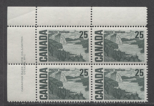 Canada #465 25c Gray Green Solemn Land, 1967-1973 Centennial High Values, A VFNH UL Plate 1 Block Of 4 On DF-fl Paper With Streaky Dex Gum, Greenish Ivory Under UV