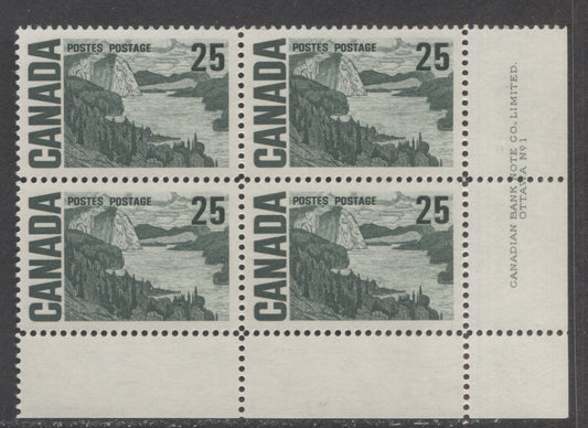 Canada #465 25c Slate Green Solemn Land, 1967-1973 Centennial High Values, A VFNH LL Plate 1 Block Of 4 On DF-fl Paper With Smooth Dex Gum, Grayish Green Under UV