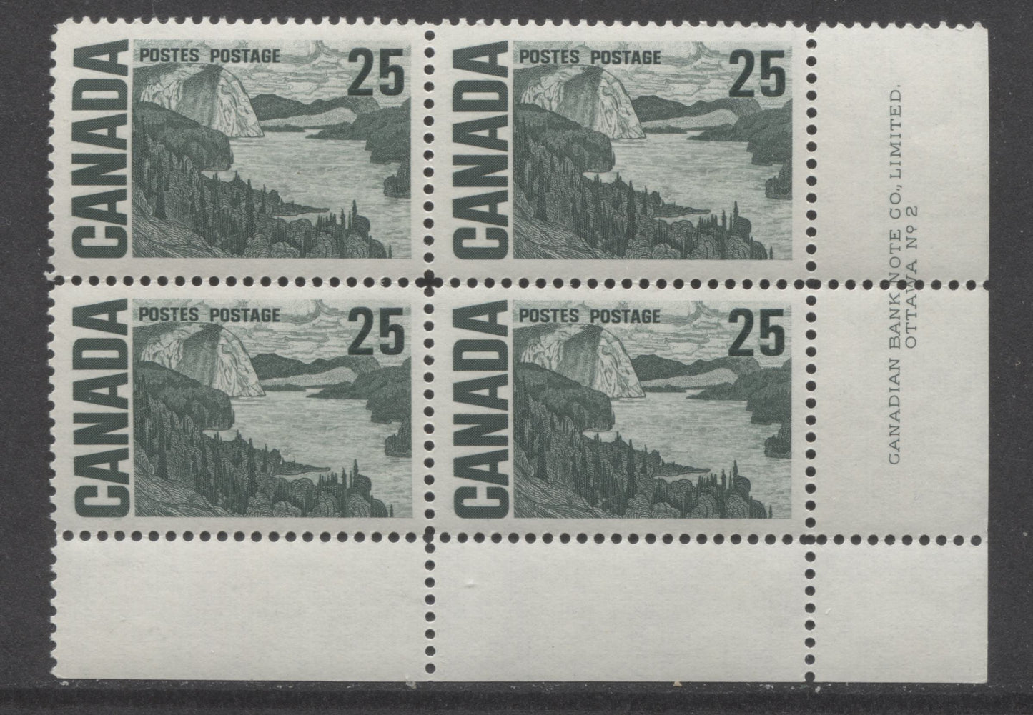 Canada #465 25c Slate Green Solemn Land, 1967-1973 Centennial High Values, A VFNH LR Plate 2 Block Of 4 On DF2-fl Paper With Streaky Dex Gum, Grayish Green Under UV