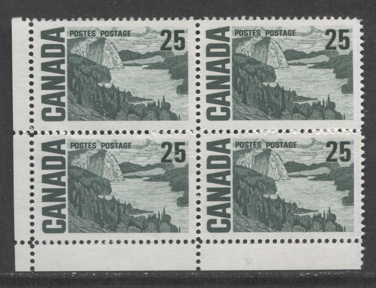 Lot 129A Canada #465ii 25c Slate Green Solemn Land, 1967-1973 Centennial High Values, A VFNH LL Blank Corner Block Of 4 On HF9 Paper With Smooth Dex Gum, Brownish Under UV