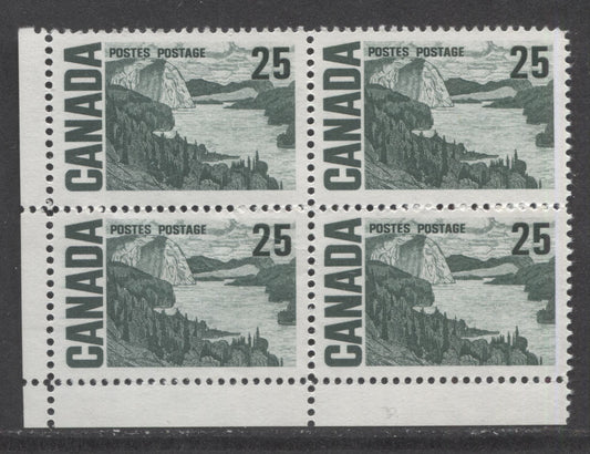 Lot 129A Canada #465ii 25c Slate Green Solemn Land, 1967-1973 Centennial High Values, A VFNH LL Blank Corner Block Of 4 On HF9 Paper With Smooth Dex Gum, Brownish Under UV