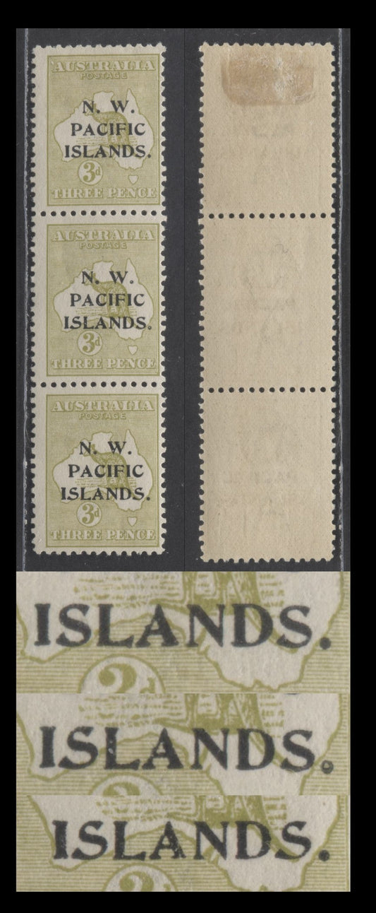 Lot 1 Northwest Pacific Islands SG#96 (SC#31var) 3d Yellow Olive 1918-1923 Kangaroo And Map Overprint Issue, Die 1 Printing, Type a,b,c, A VF OG & NH Vertical Strip Of 3, Click on Listing to See ALL Pictures, Estimated Value $35 USD