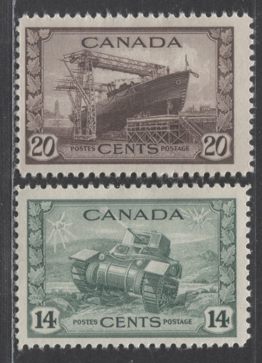 Lot 20 Canada #259 - 260 14c-20c Dull Green - Chocolate Ram Tank - Corvette, 1942 - 1943 King George VI War Issue, 2 F-VF OG Singles On Vertical Wove Paper With Cream Gum